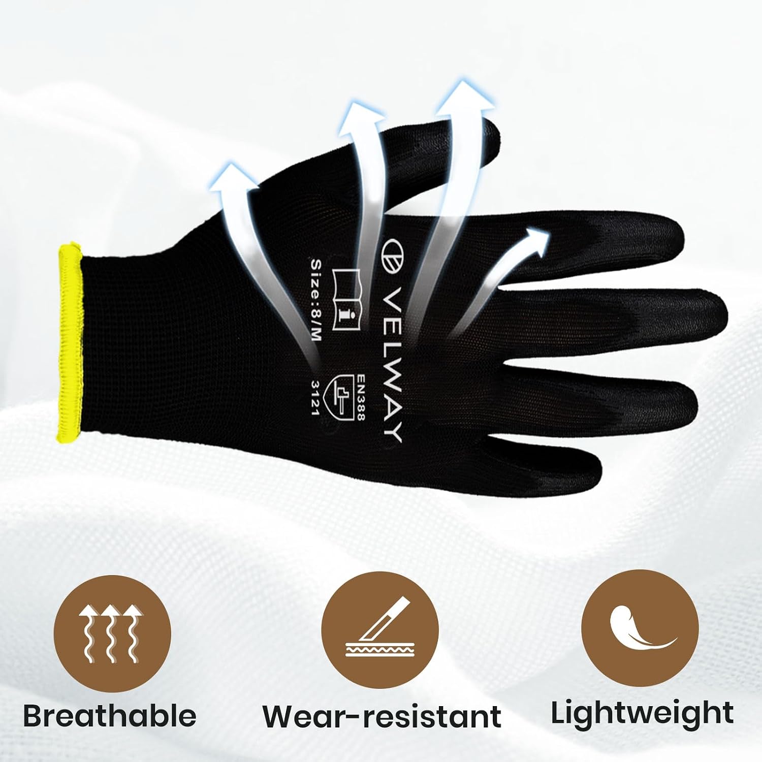 Detalle de Velway 12 Pairs Safety Work Gloves – PU Coated, Lightweight Breathable For Men and Women, Size M (8) – Non-Slip Grip