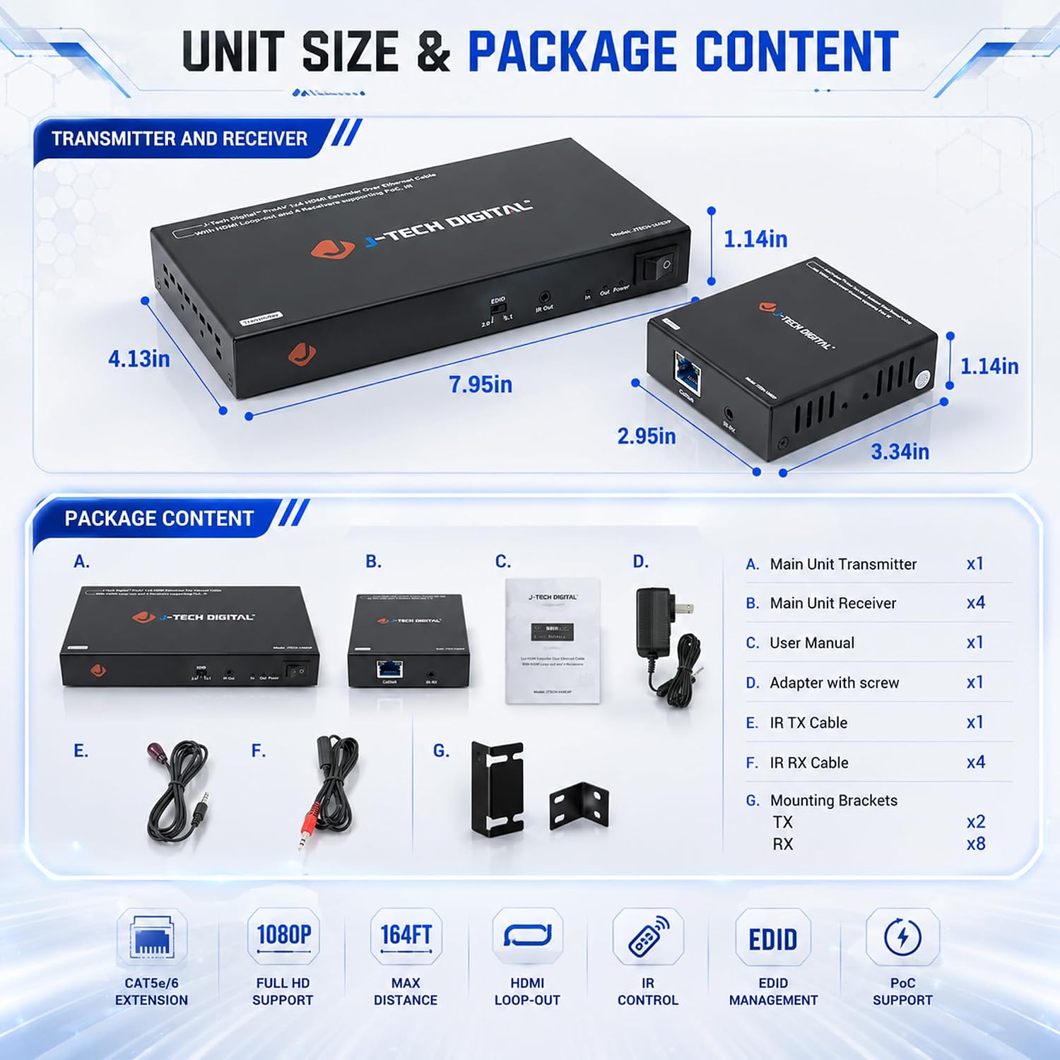 Thumbnail 6 de J-Tech Digital HDMI Extender Splitter 1x4 Over Single CAT5e/6 Cable with PoC, IR, and EDID Switch