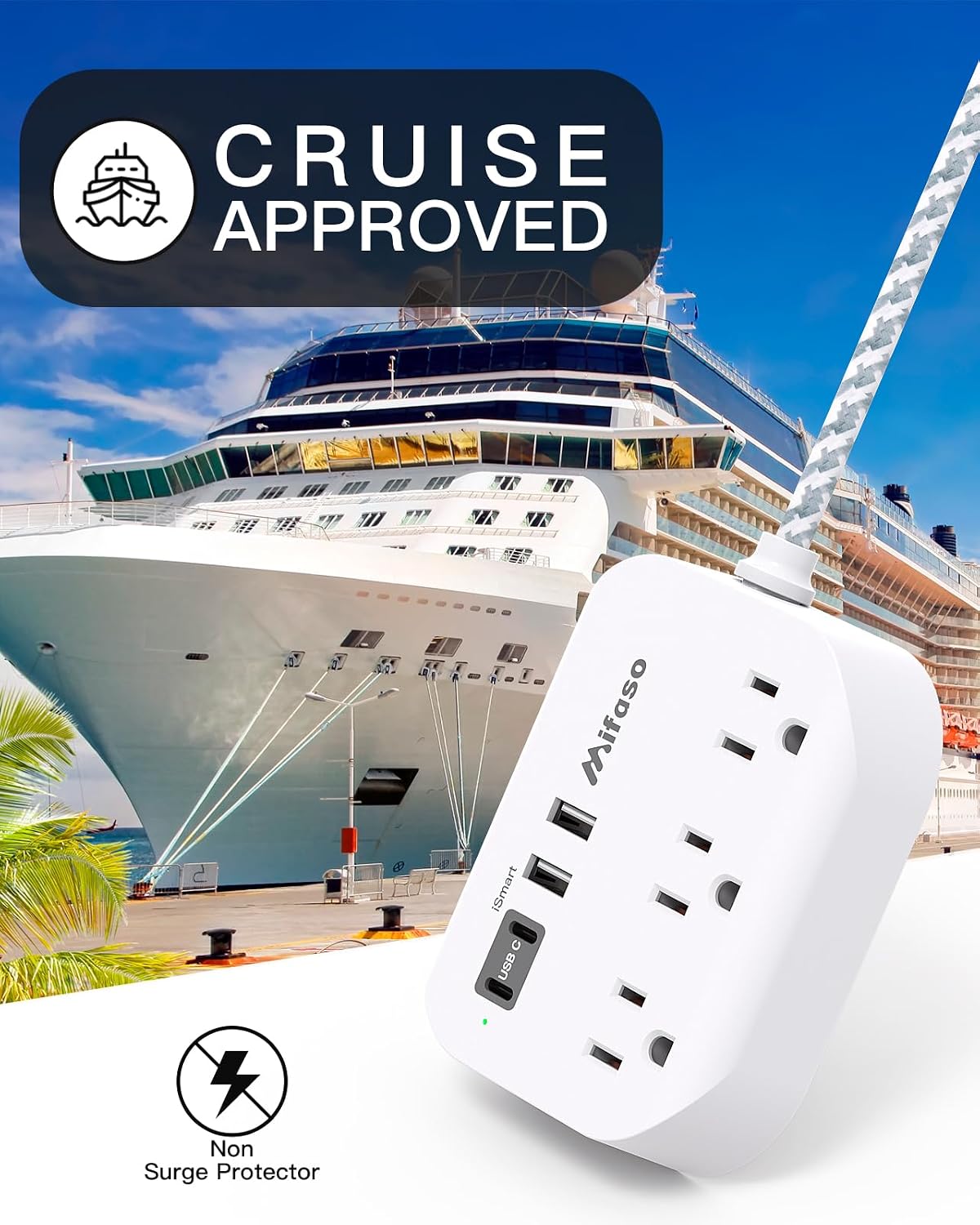 Detalle 2 de Mifaso TH8056 Power Strip with USB-A and USB-C, 5-Ft Flat Cord