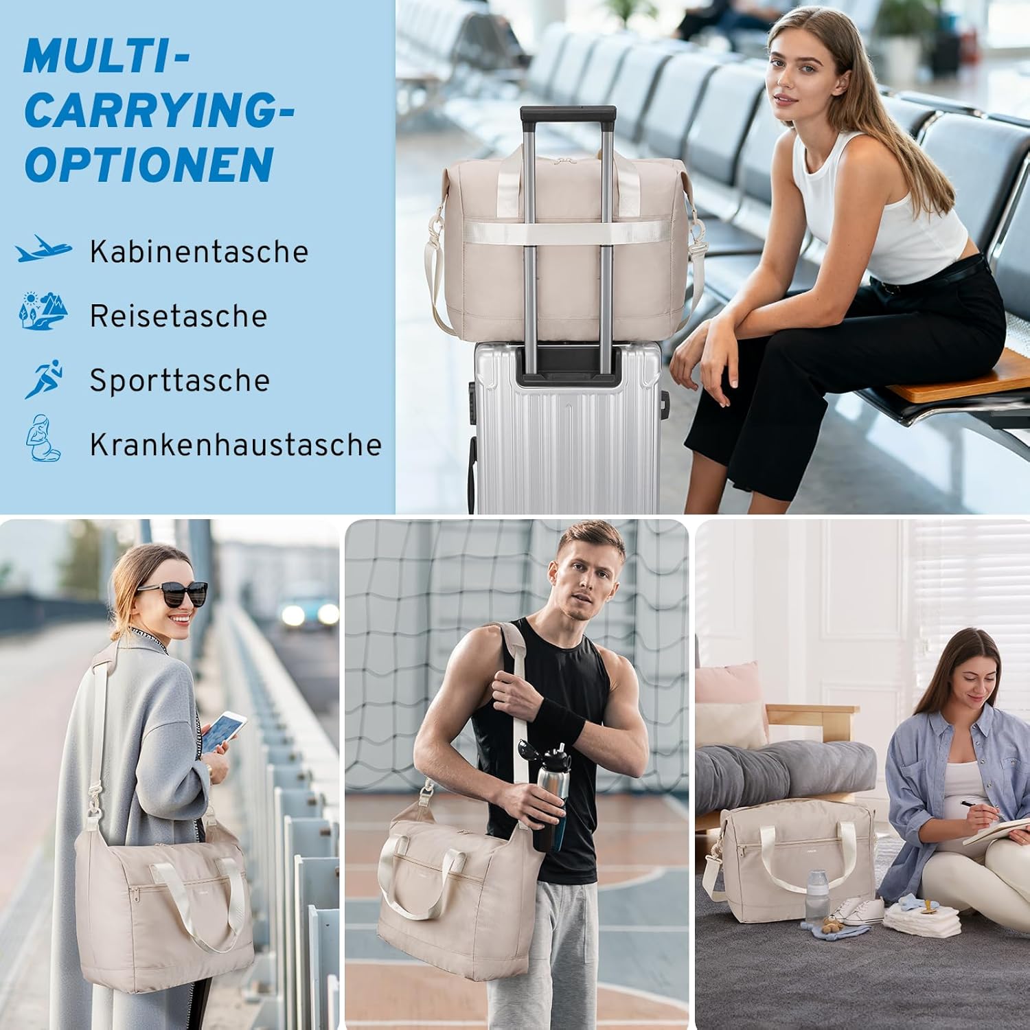 Detalle de VSNOON Handgepäck-Tasche 40x30x20 für Ryanair (40 × 30 × 20 cm), faltbar bis zu 25 l, Khaki