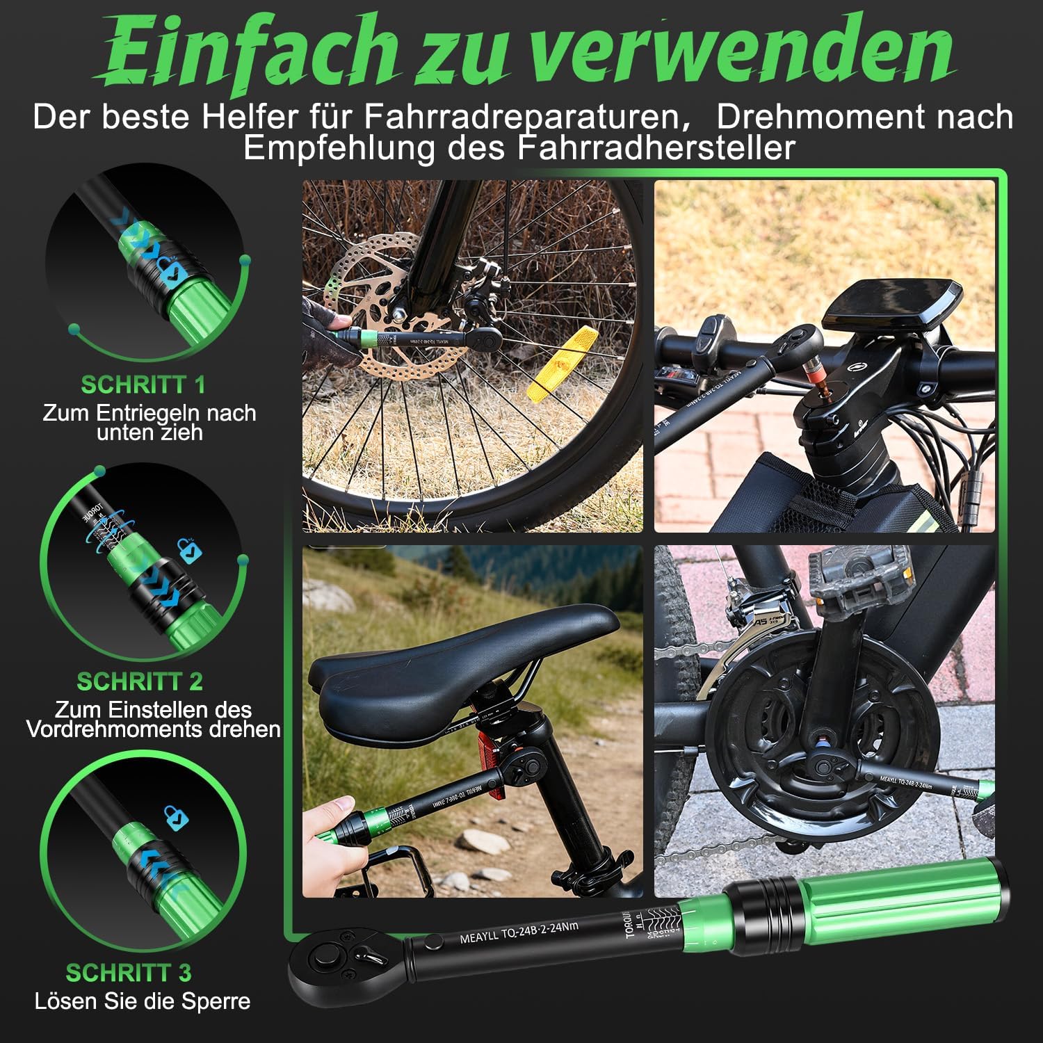 Thumbnail 5 de Meayll 15-teiliges Drehmomentschlüssel-Set fürs Fahrrad (1/4", 2–24 Nm, ±3%) inkl. 12 Bits, 72-Zahn-Umschaltratsche