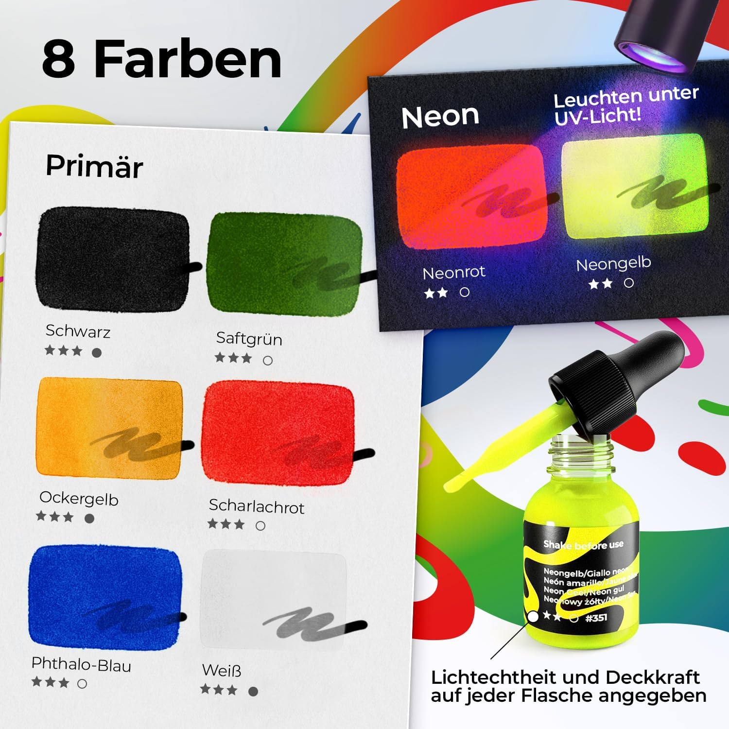 Detalle 1 de Colozoo Acrylic Ink Set 8x20 ml – permanente Acryl-Tinte (6 Grundfarben & 2 Neonfarben)