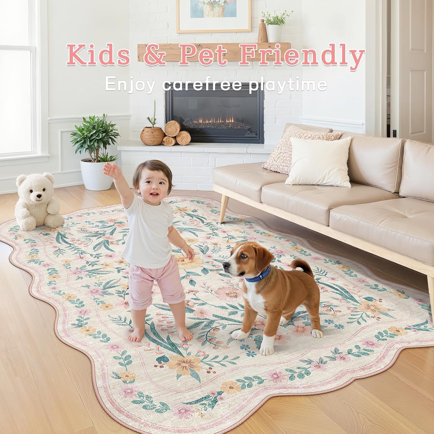 Detalle 2 de Dadasgk Pink Floral Rug 5x7 for Girls' Room – Soft, Washable Non-Slip Boho Rug