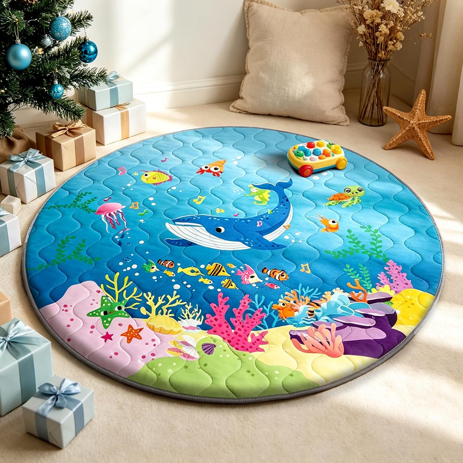 Detalle de RONGFA 48-Inch Round Baby Play Mat, 1-Inch Foam, Non-Slip, Machine Washable