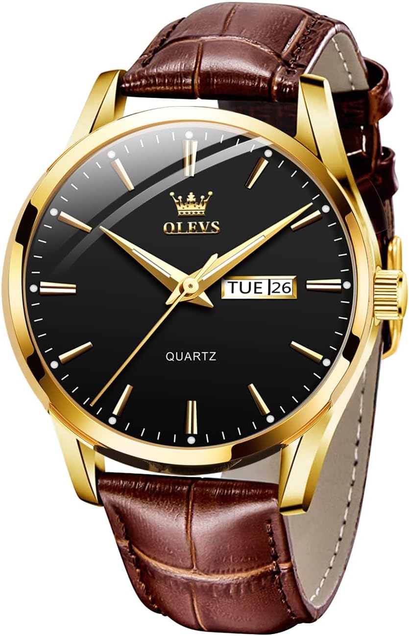 Detalle de OLEVS Herrenarmbanduhr Braun/Schwarz Lederband, Quarz, Datum & Wochentag, Leuchtzeiger, 30 m Wasserdicht – elegantes Geschenk