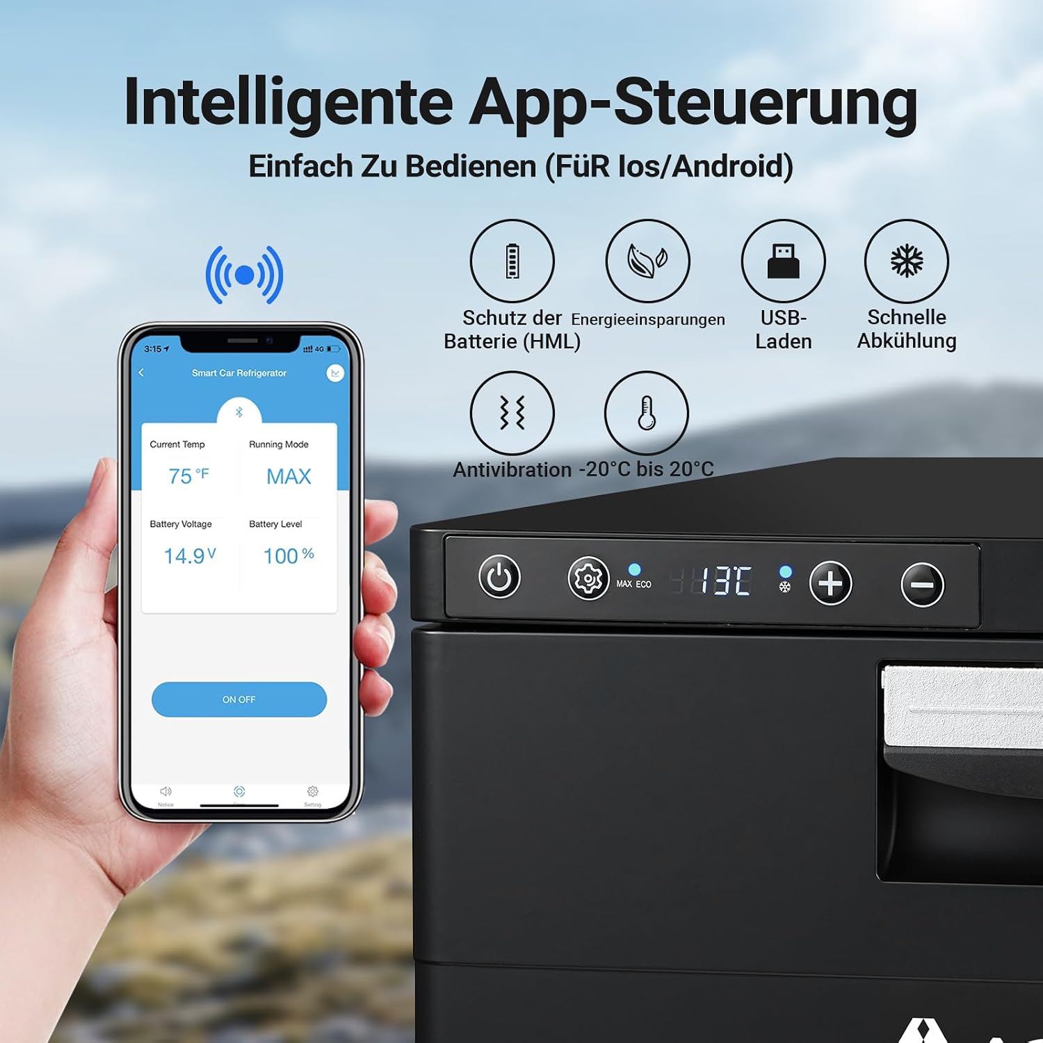 Detalle de AAOBOSI 31L Schublade Kompressor Kühlbox: kompakt, zuverlässig und app-gesteuert
