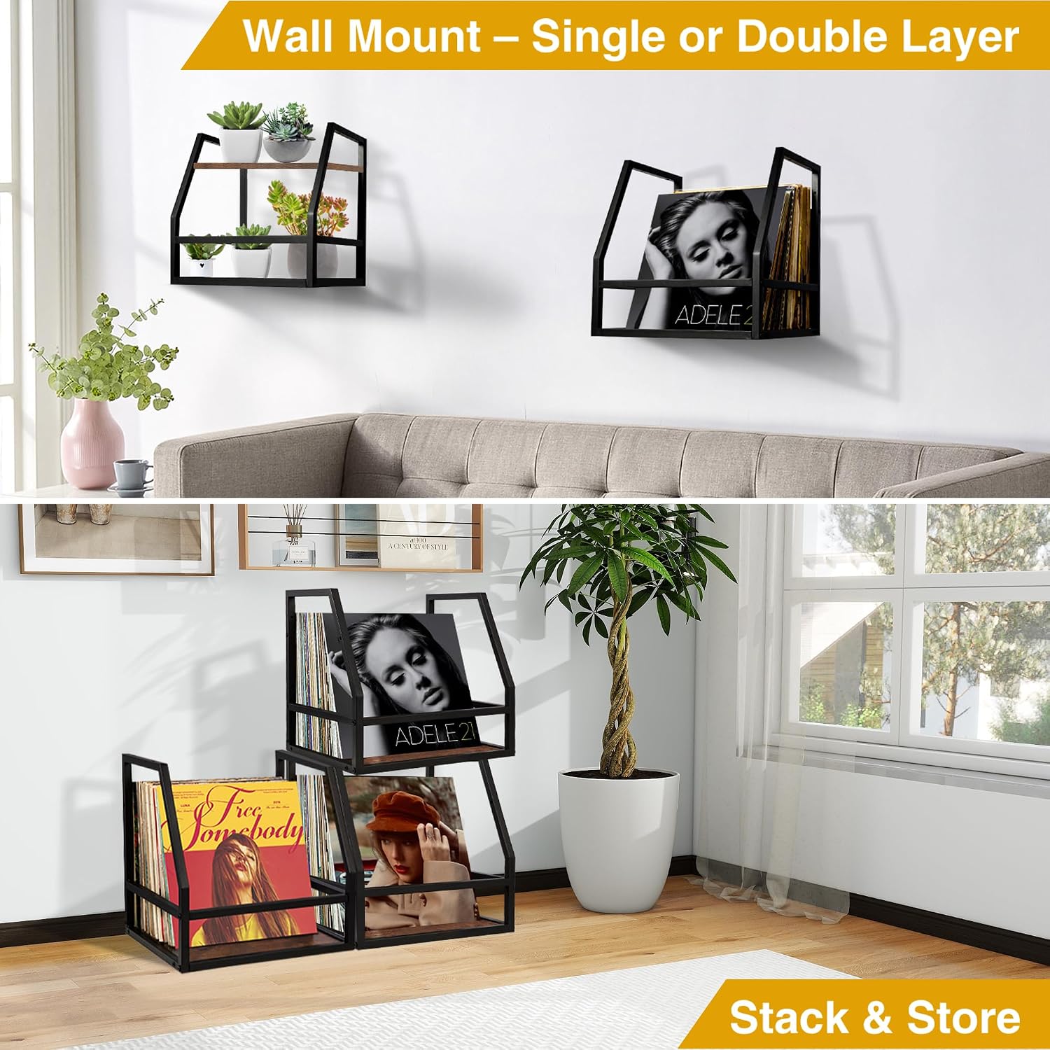 Detalle de HFHOME 2 In 1 Vinyl Record Storage Crate – Wall Mount or Desktop Metal Album Organizer