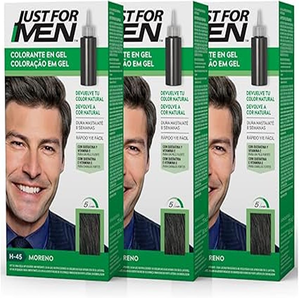 Detalle de Just For Men Original Formula H45 Ciemnobrązowy – żelowa farba do włosów bez amoniaku, 3 × 66 ml