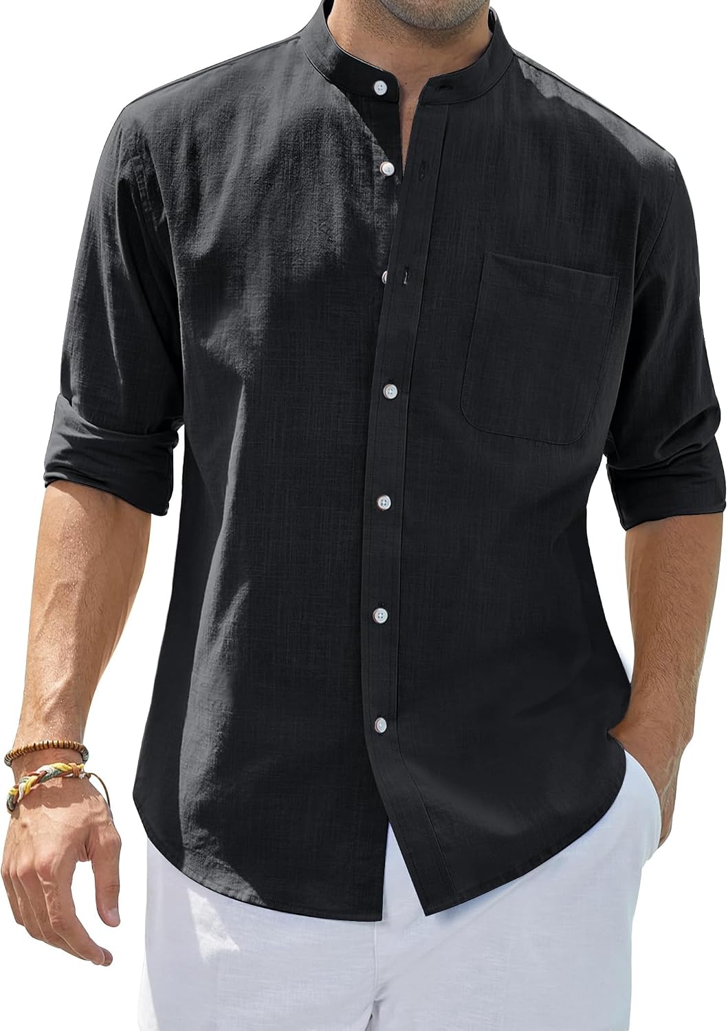 Thumbnail 6 de Siliteelon Men's Grandad Collar Long Sleeve Linen Shirt with Pocket – Regular Fit