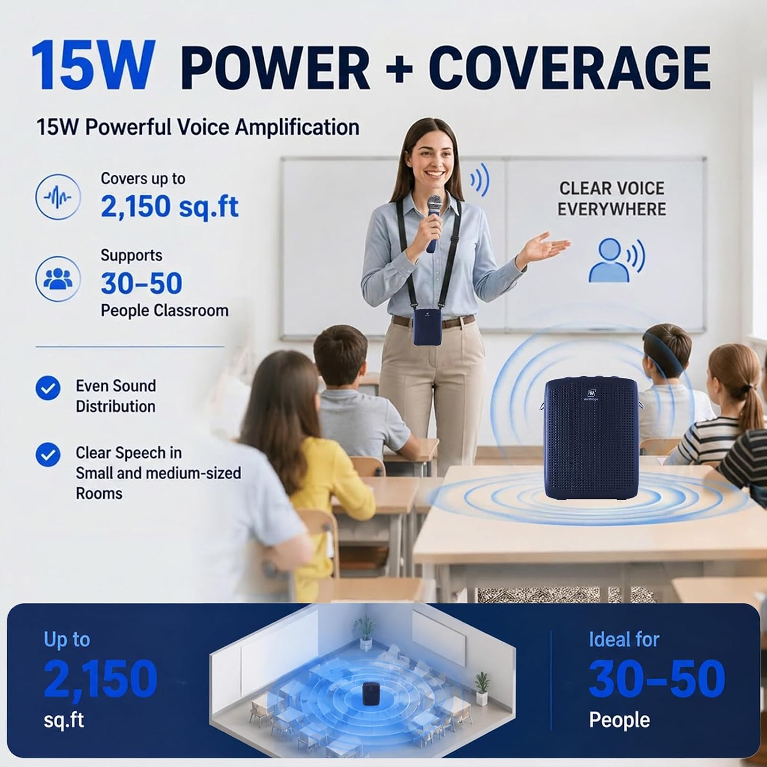 Detalle de WinBridge WB009_Blue Voice Amplifier with Wireless Mic, 15W, Blue