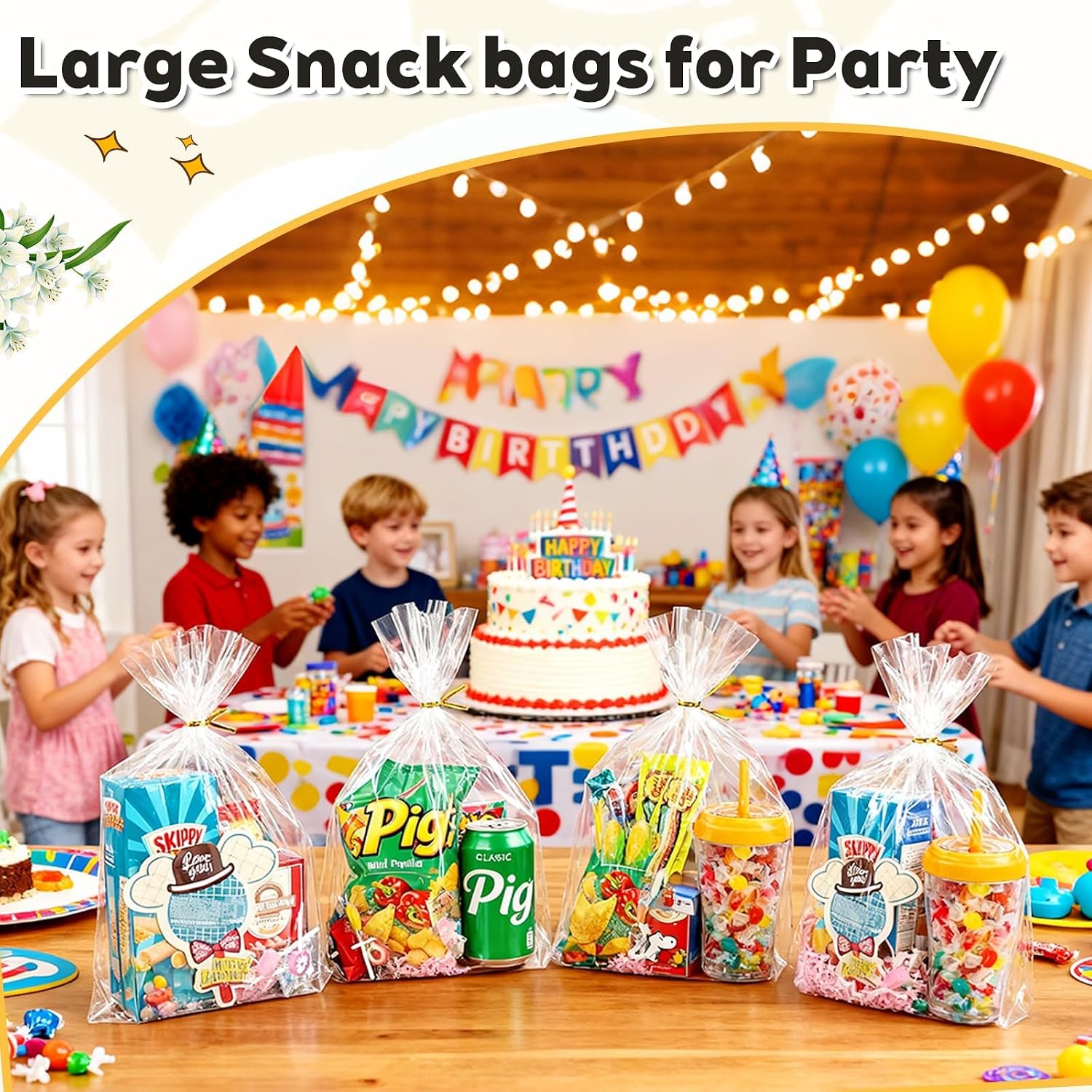 Detalle de PigPotParty 12 x 16-Inch Clear OPP Gift Bags, 100-Pack with Gold Ties