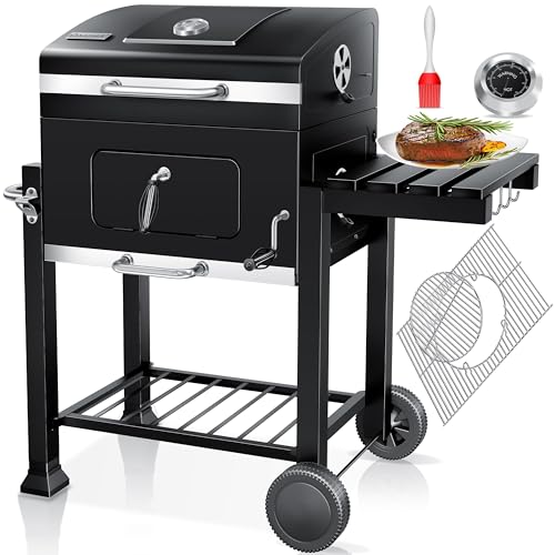 Detalle de KESSER Parilla de Carbón con Carrito y Tapa: tamaño XL, tapa con termómetro y almacenamiento práctico