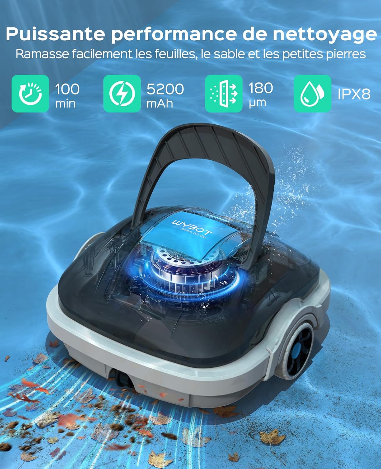 Detalle de WYBOT Osprey 200 Max : Robot piscine sans fil pour bassins jusqu’à 80 m²