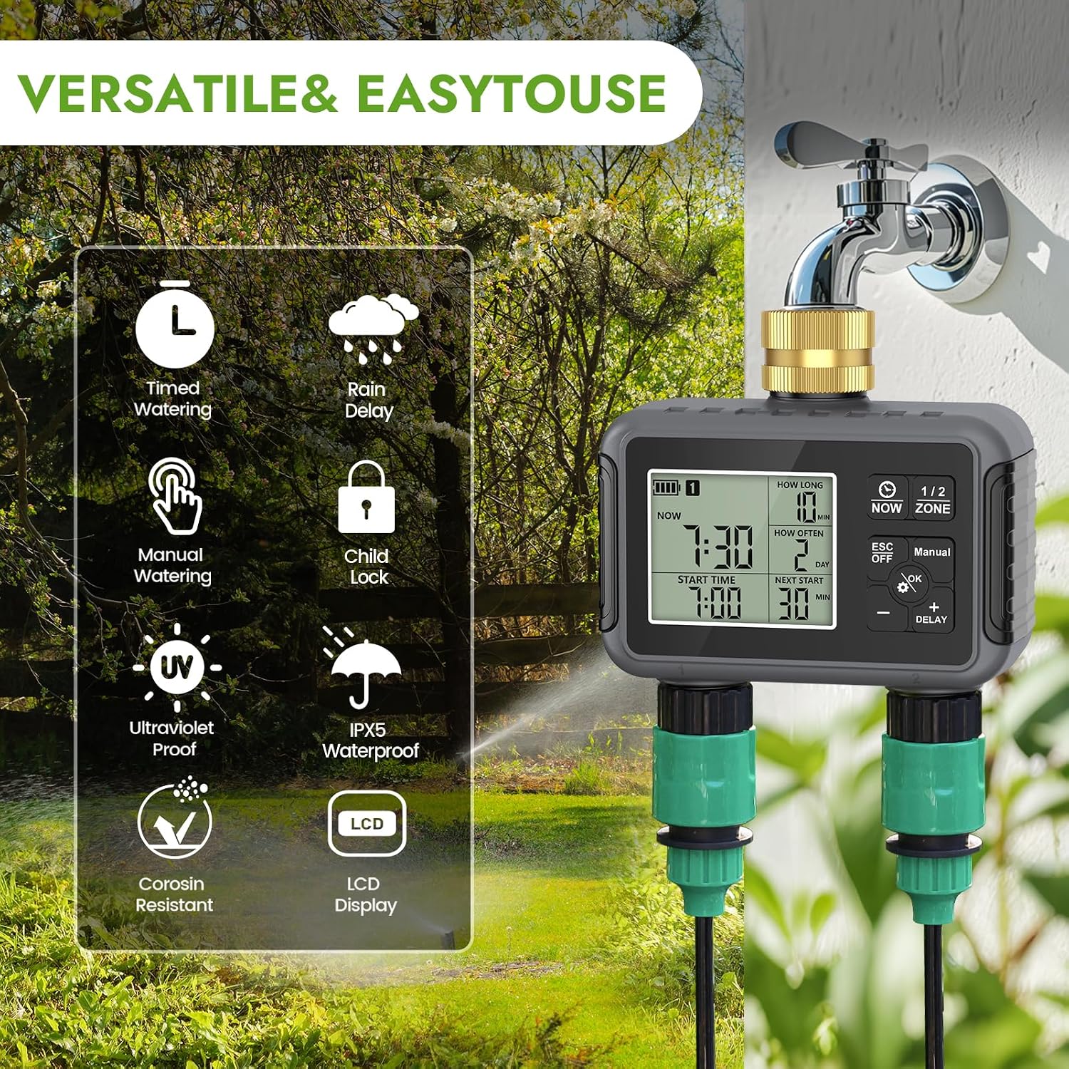 Detalle de RIOGOO Timer rubinetto da giardino esterno con 2 Outlet: irrigazione automatica e ritardo pioggia