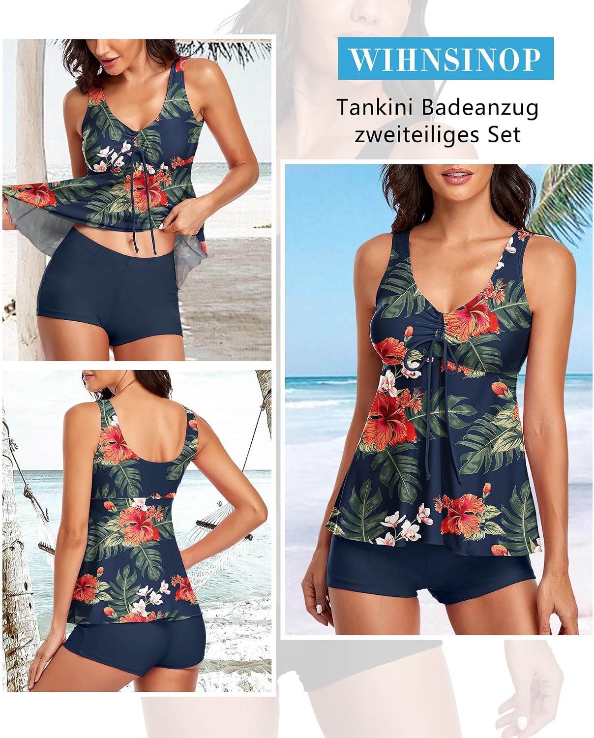 Detalle de Wihnsinop Tankini Damen Bauchweg Set mit Push-Up Oberteil und Badeshorts – Zweiteiler, Retro-Print, Sommerbadebekleidung