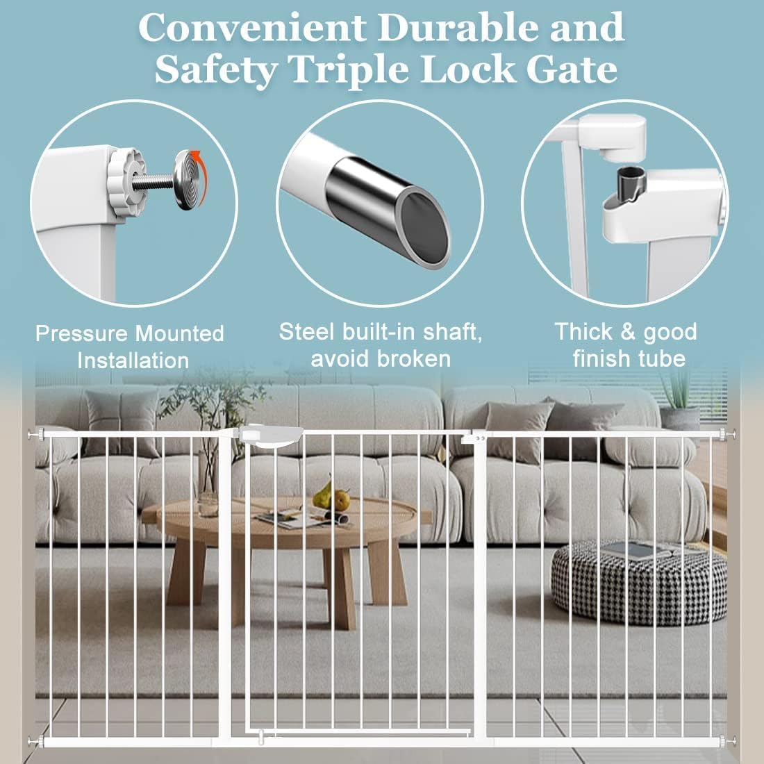Detalle 2 de WAOWAO Triple Lock Baby Gate, Extra-Wide 57.87–62.59-Inch White Metal
