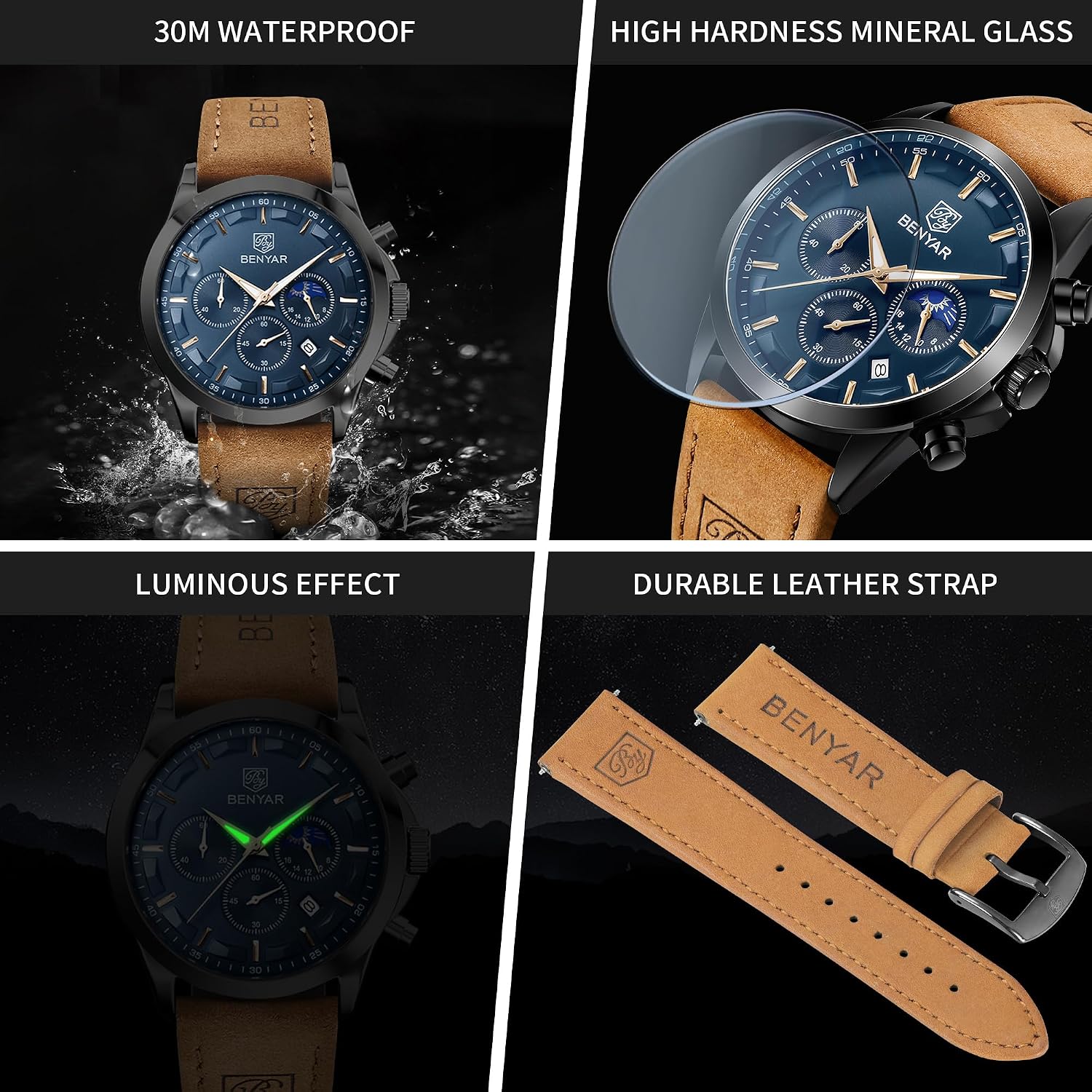 Detalle de BENYAR by Montre Homme Chronographe Étanche Grand Cadran Quartz