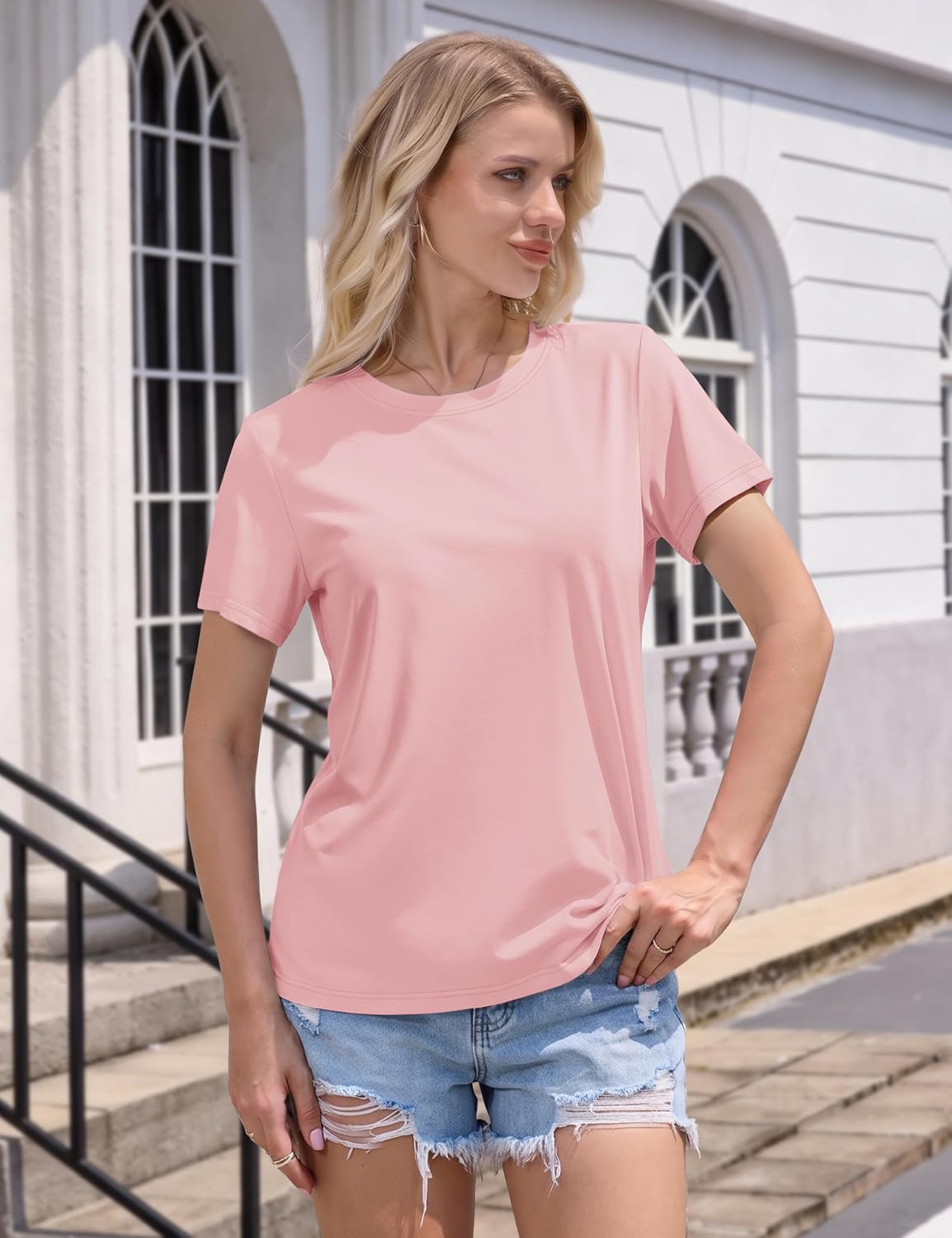 Detalle de MAGCOMSEN Women’s Cotton T-Shirts Crew-Neck Short-Sleeve Classic-Fit