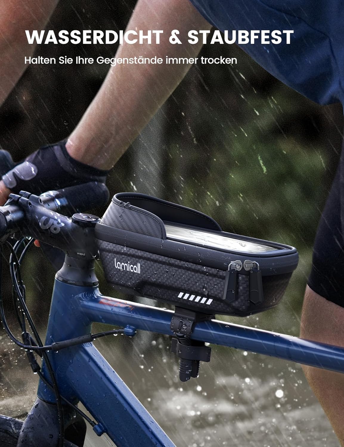 Detalle de Lamicall 2-IN-1 Rahmentasche & Lenkertasche für 20–40 mm Rahmen – 1,3 L, wasserdicht, TPU-Touchscreen