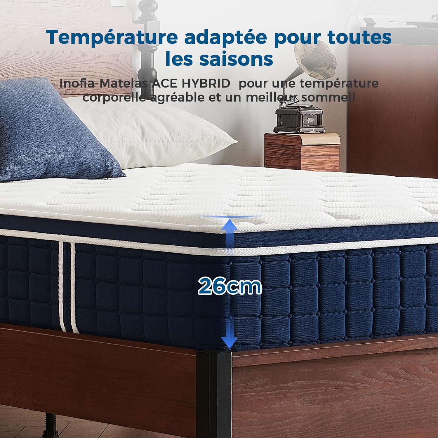 Detalle 2 de Inofia Ace Hybrid 160×200 cm : matelas hybride ferme H3 de 26 cm à ressorts ensachés et mousse à mémoire