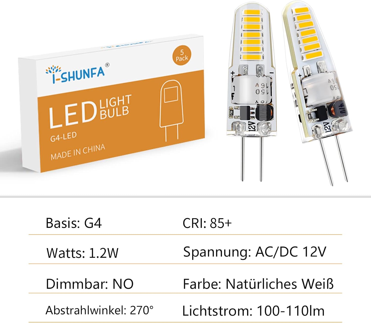 Detalle 2 de I-SHUNFA LED-G4 G4 LED-lampor, 1,2 W, 4000 K, 12 V, 5-pack
