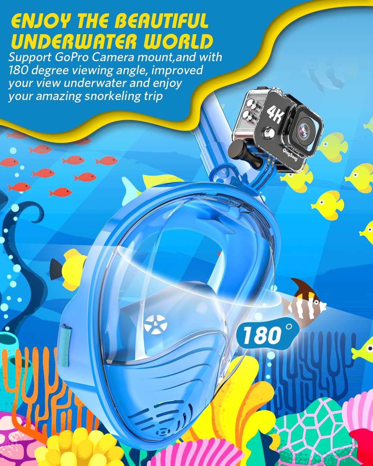 Detalle de QingSong Kids Full Face Snorkel Mask Set with Camera Mount and 180° Panoramic View