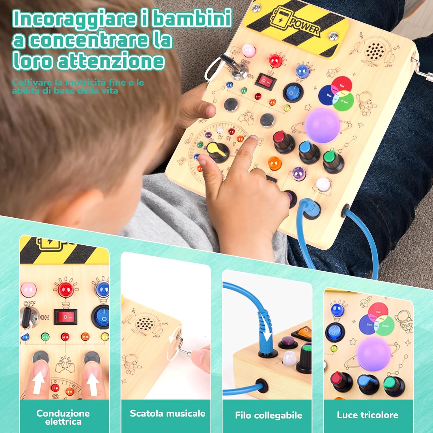 Thumbnail 2 de Giochi Montessori Busy Board in legno con 12 interruttori e 24 luci LED (carillon rotante e colori)