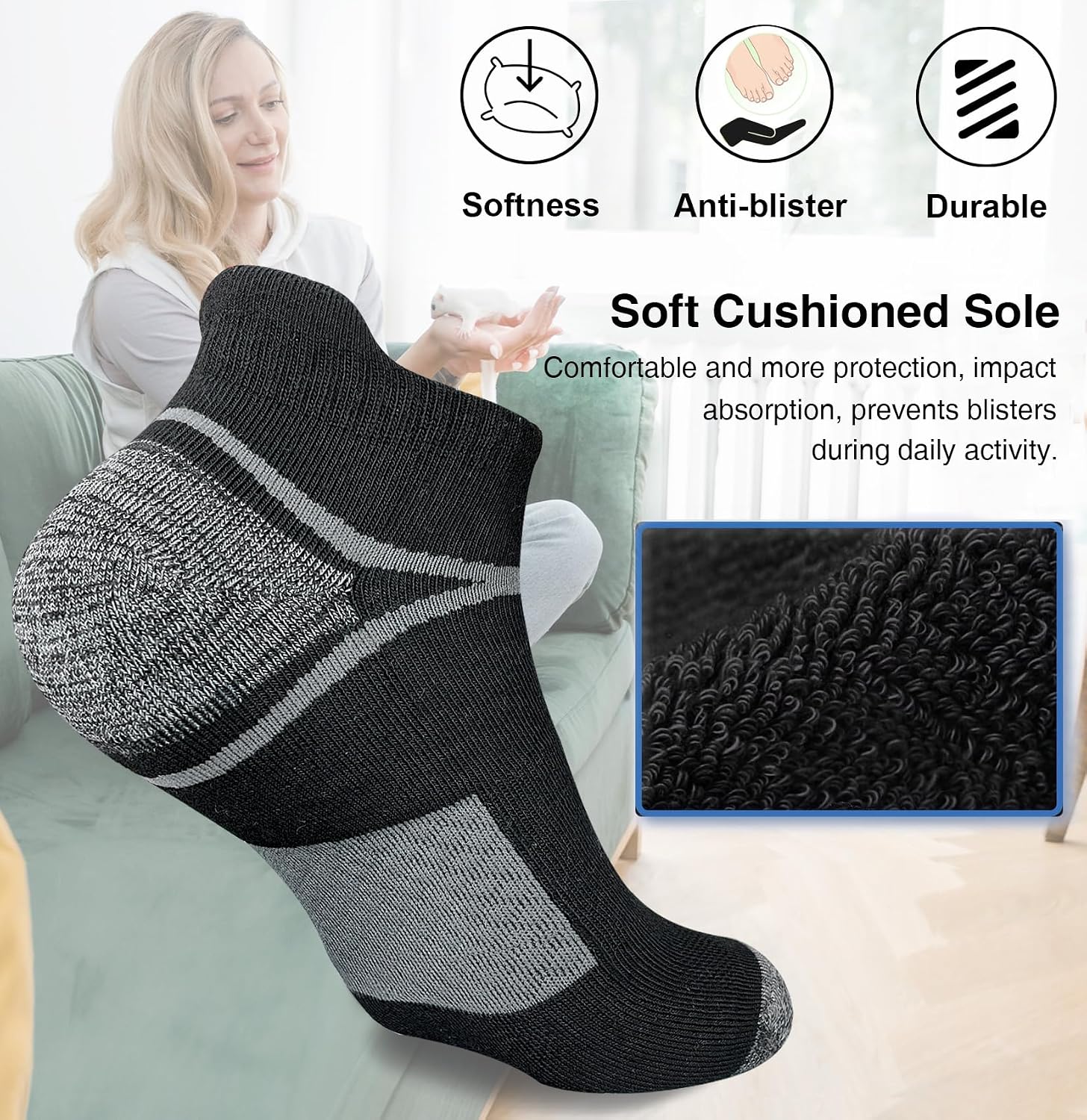 Detalle de suaskk Men’s Athletic Cushioned Ankle Socks (5 Pairs) for Anti-Blister, Wicking Comfort