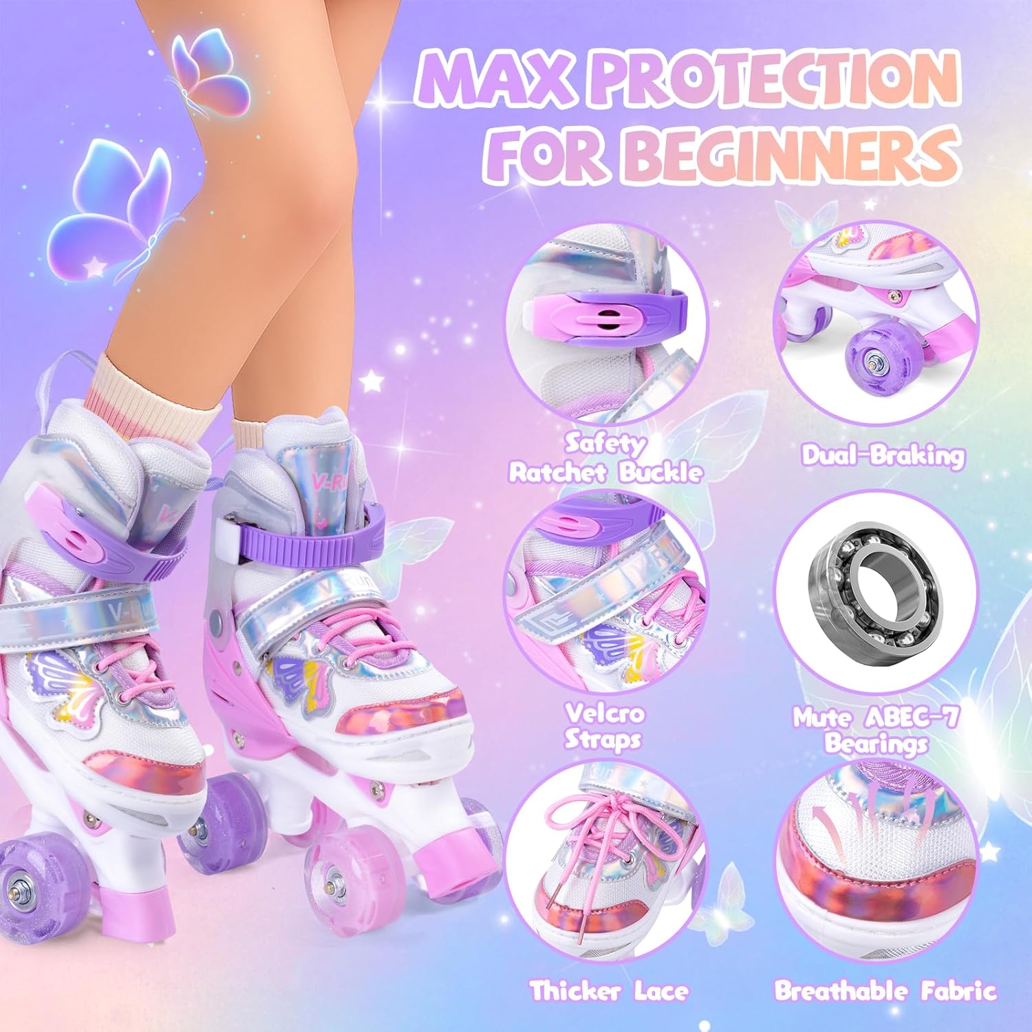 Detalle de HolaDream Adjustable Kids Roller Skates with Light Up Wheels and Safety Protection