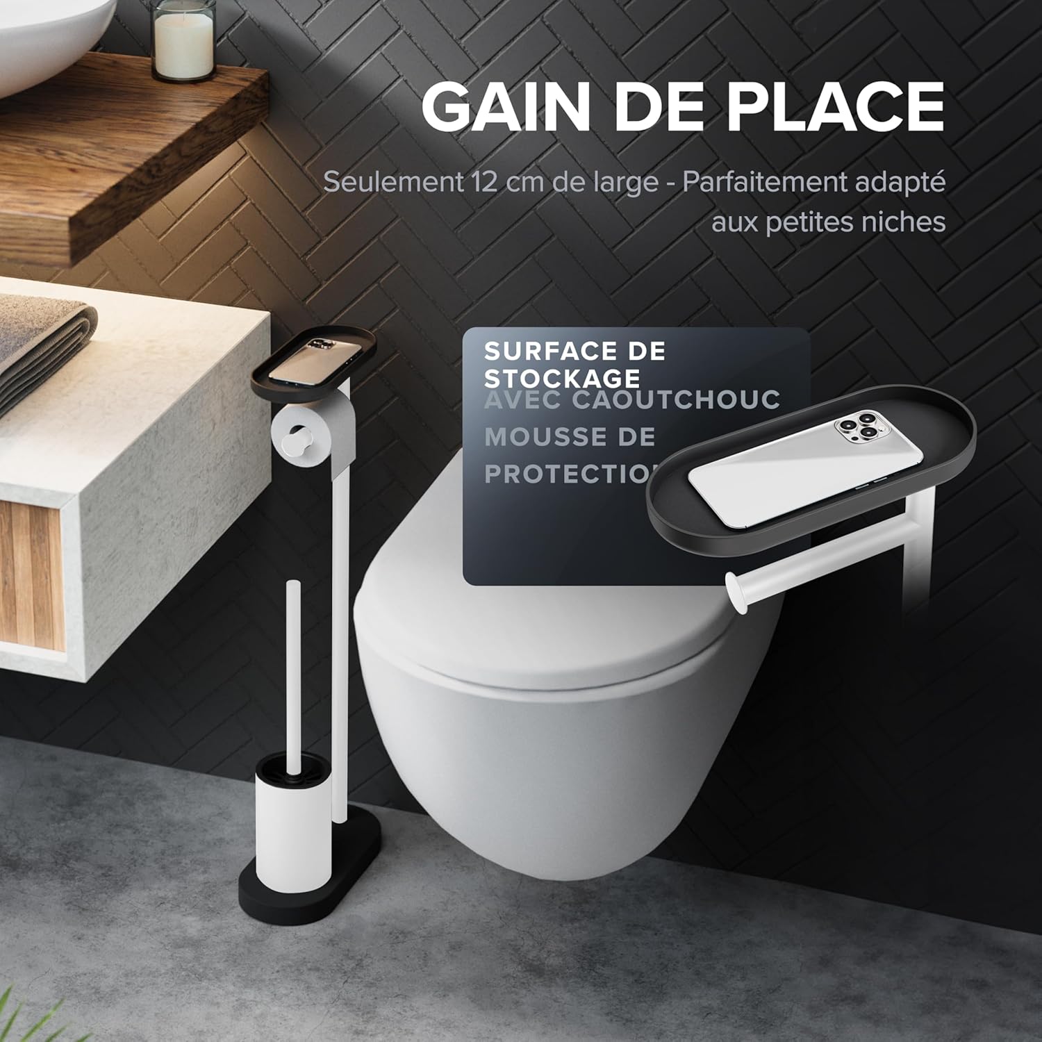 Thumbnail 3 de Ovimar Set de WC sur Pied 3 en 1 Vradal Blanc — Brosse silicone Tribors, Porte‑papier et Support Smartphone