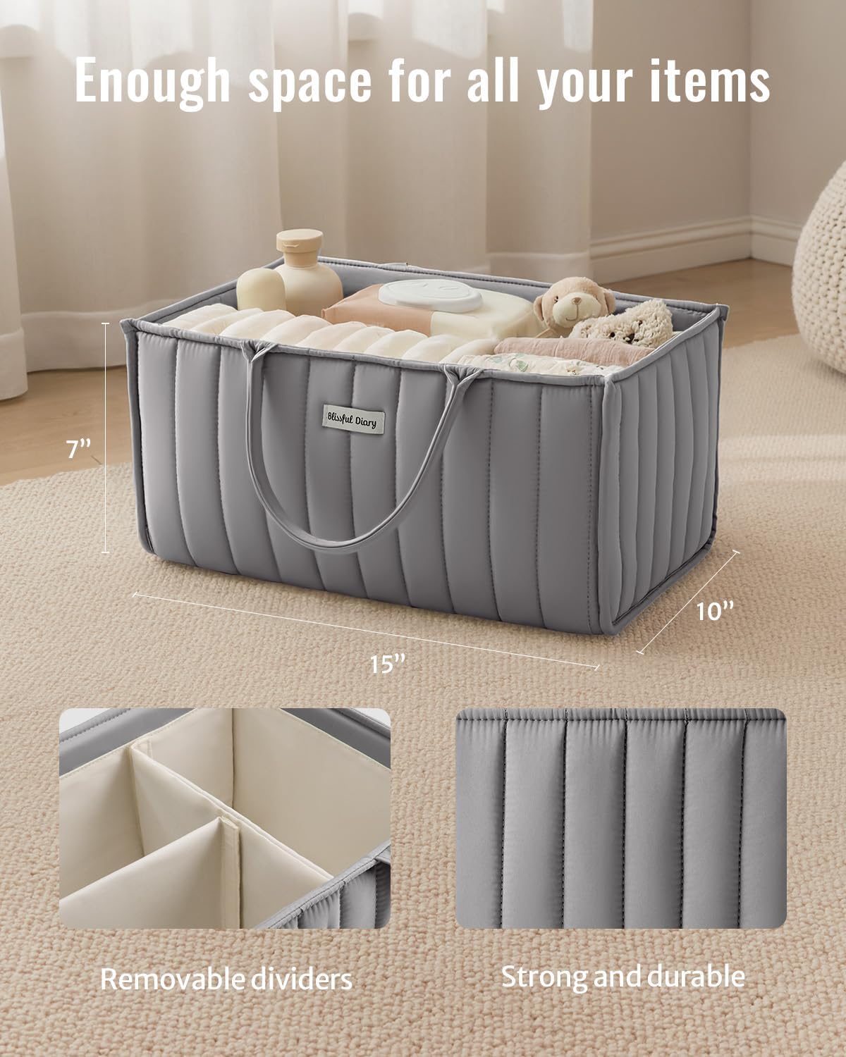 Detalle de Blissful Diary SNB-01 Baby Diaper Caddy, Light Gray Polyester with Removable Dividers