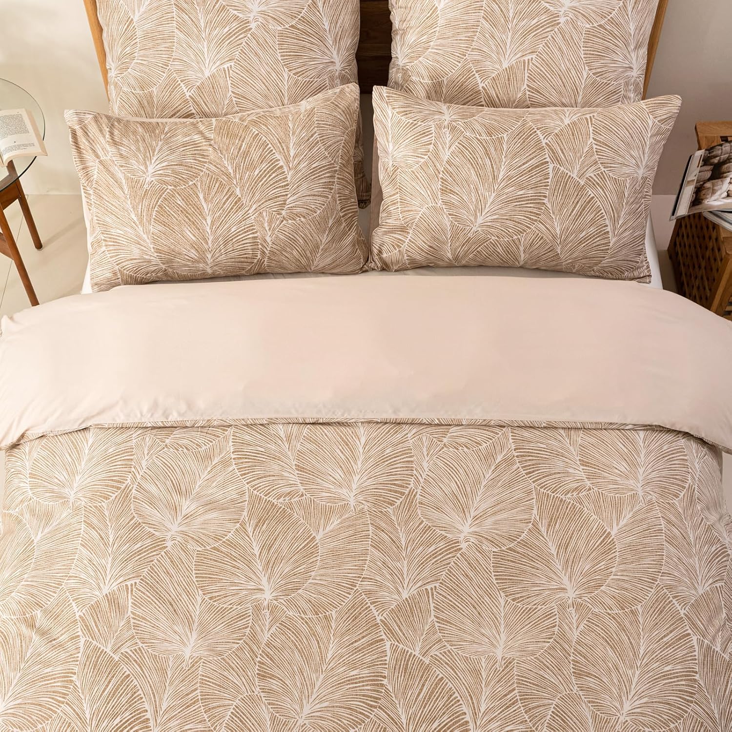 Thumbnail 3 de Tokokimo Beige Double Duvet Cover Set (Tropical Leaves) with 2 Pillowcases, Soft Microfibre, 200x200 cm