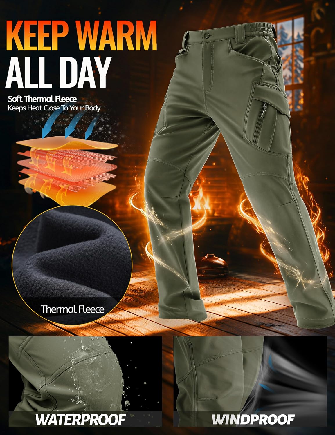 Detalle de TACVASEN Men's Winter Pants, 8 Pockets, Fleece-Lined Softshell
