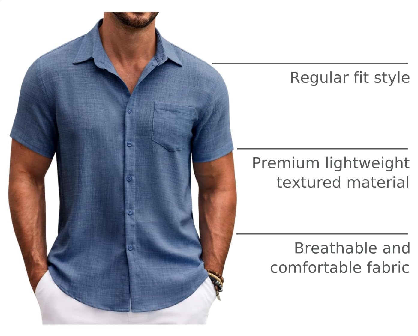 Detalle de COOFANDY Men's Button Down Short Sleeve Shirt – Textured, Breathable Summer Essential