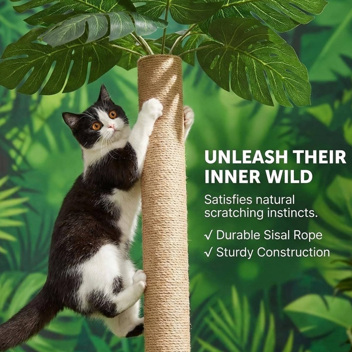 Detalle 2 de 31.5-Inch Cat Scratching Post with 3 Scratching Poles and 2 Interactive Balls (Monstera Tree)