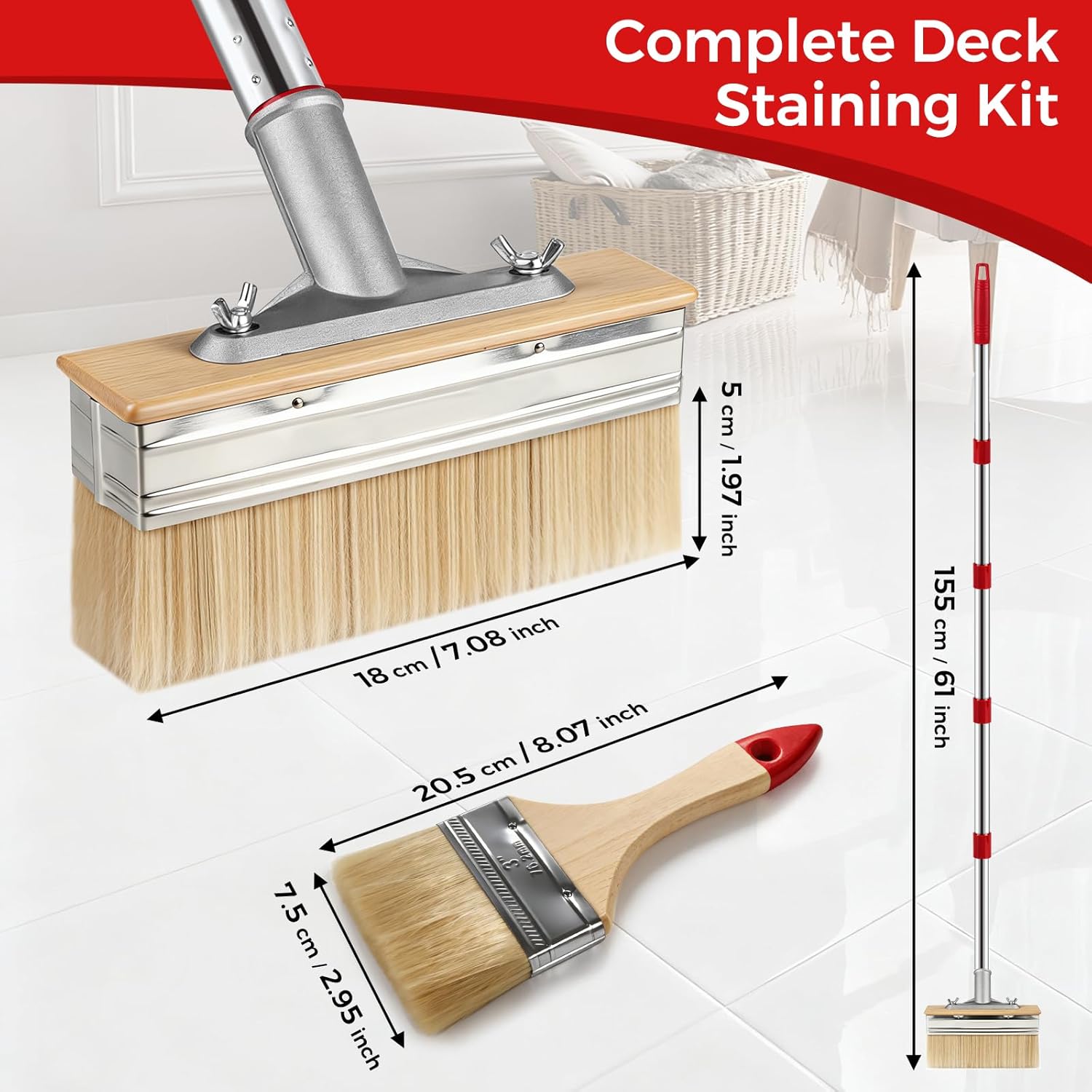 Detalle de 7" Deck Stain Brush with 150cm Long Handle – Deck Stain Applicator Set