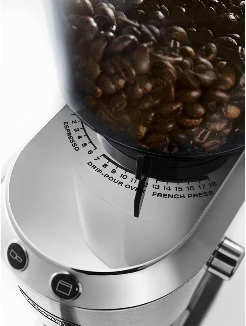 Detalle de De'Longhi Dedica KG 520.M Elektrische Kaffeemühle – Vollmetallgehäuse, Edelstahl Kegelmahlwerk