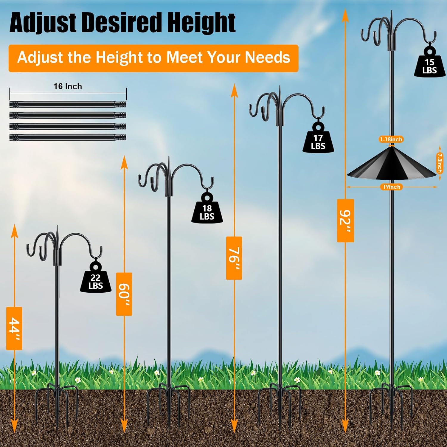 Detalle de FEED GARDEN JC-3GMYG-92-1 Shepherd’s Hook, 92-Inch Pole with Triple Hooks