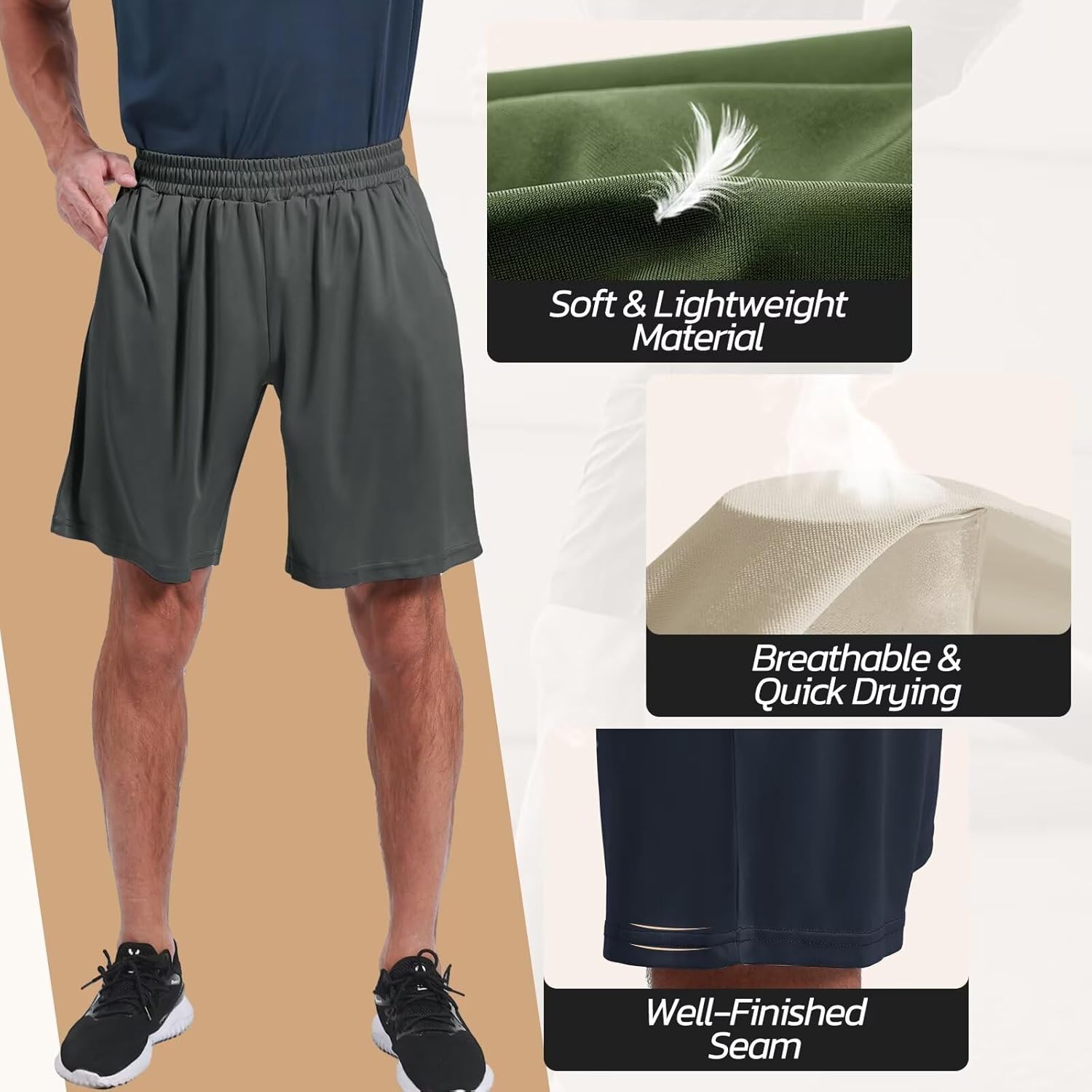 Detalle de BOOJO 3 Pack Gym Shorts for Men with Pockets – UK breathable training shorts