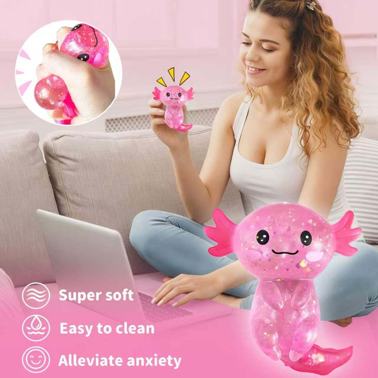 Detalle 1 de EQOA Axolotl Squishy Stress Ball, Pink TPR Fidget Toy