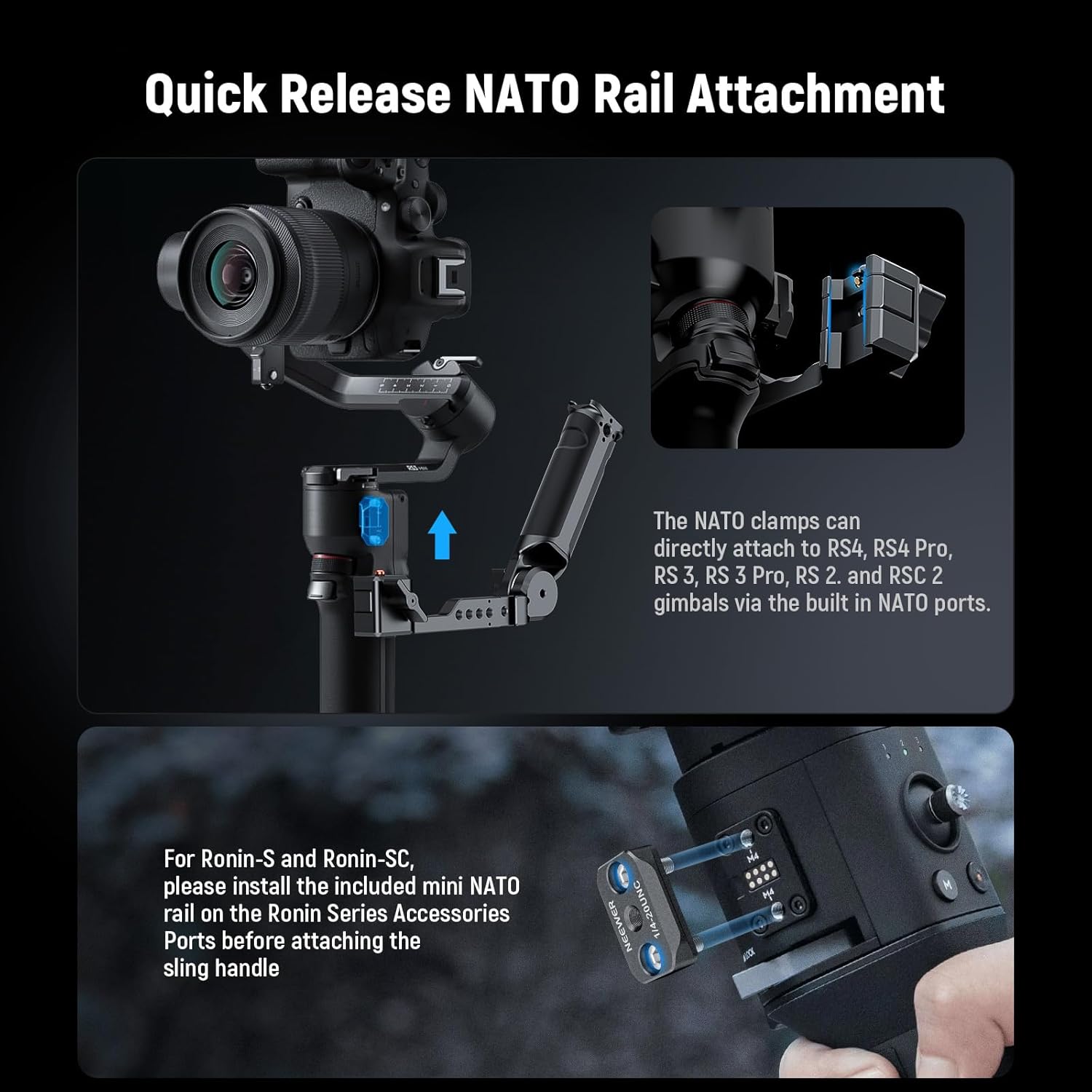 Detalle de NEEWER RS4 RS3 impugnatura cardanica regolabile con guida NATO per DJI Ronin (fino a 6 kg)