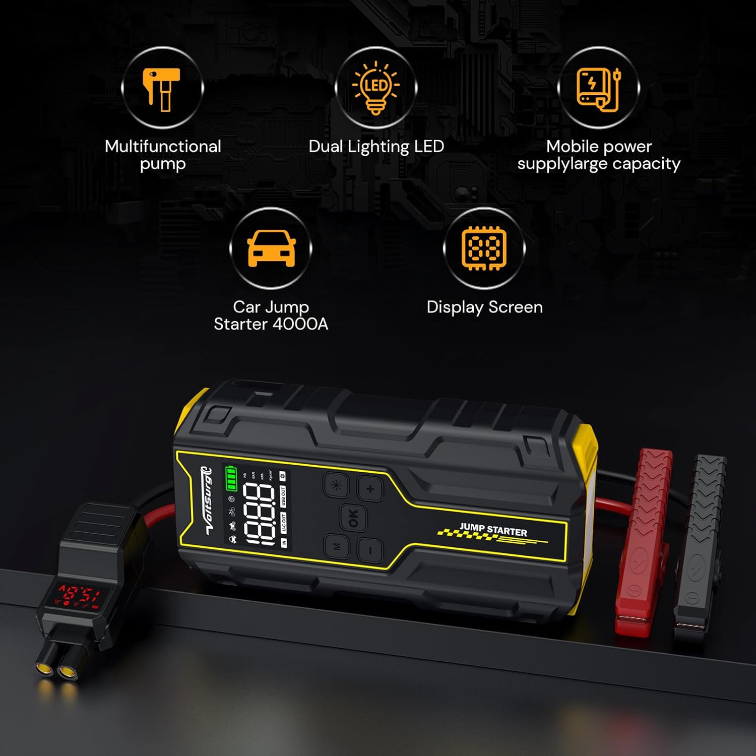 Detalle 2 de Avviatore Emergenza per Auto 12V 7000A con compressore 150PSI e doppia USB