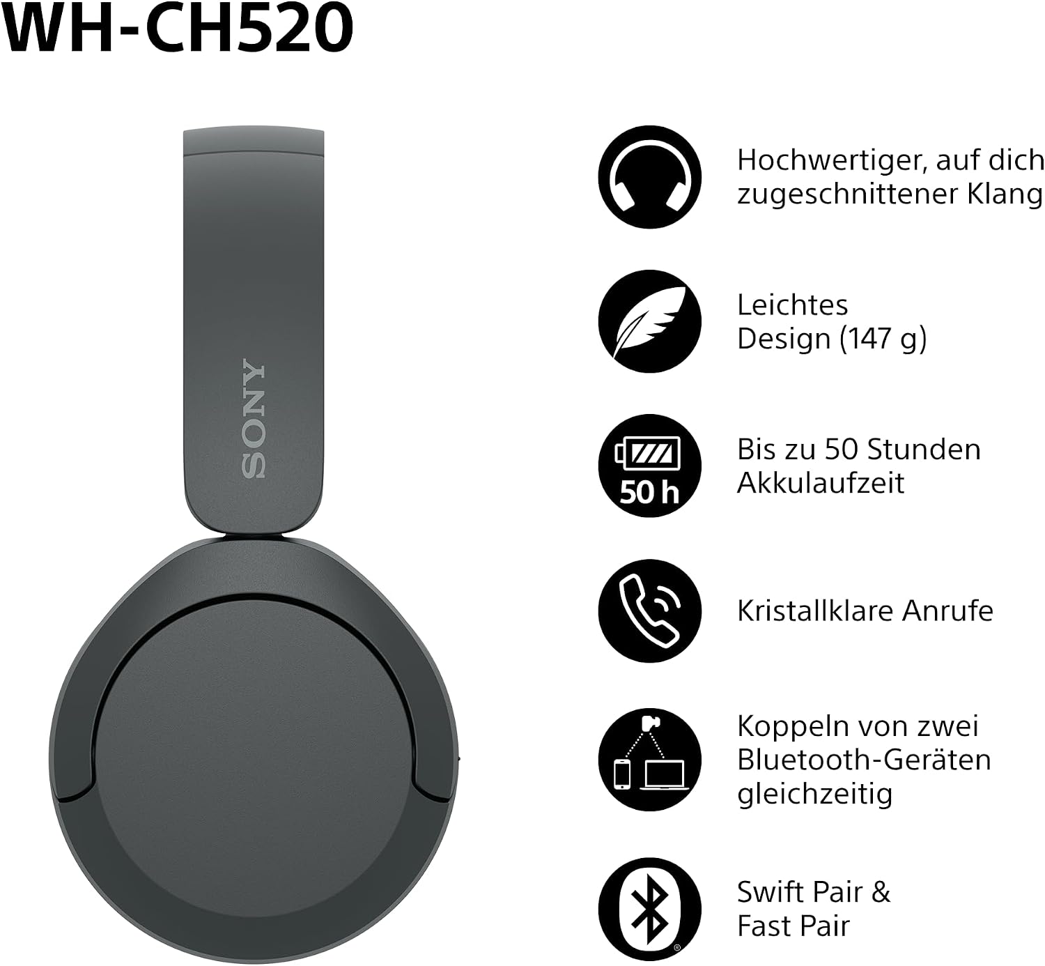 Detalle de Sony WH-CH520 Kabellose Bluetooth-On-Ear-Kopfhörer Schwarz – lange Akkulaufzeit, einfach bedienbar