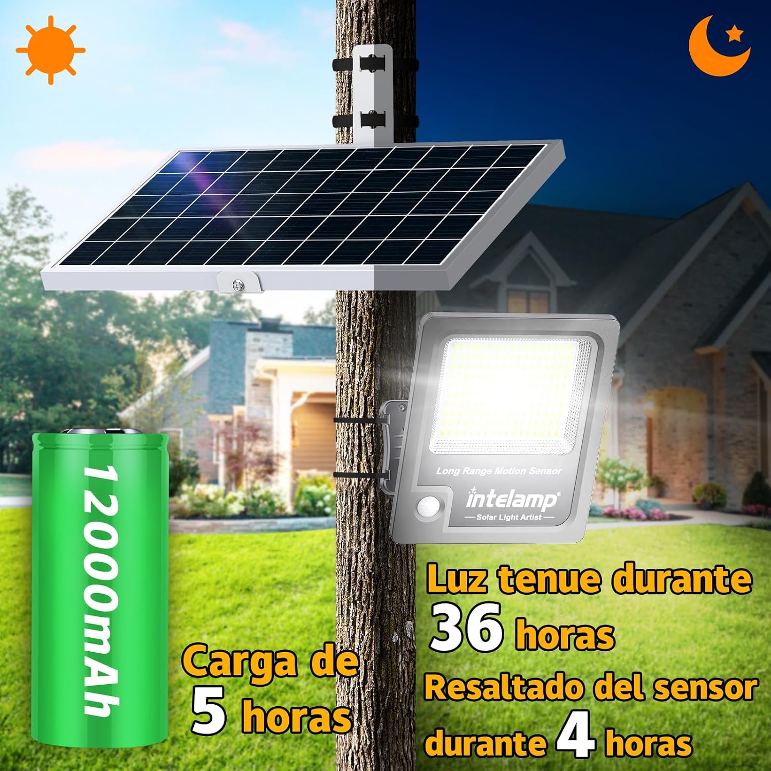 Detalle de intelamp Focos Solares LED 12000mAh 2000LM