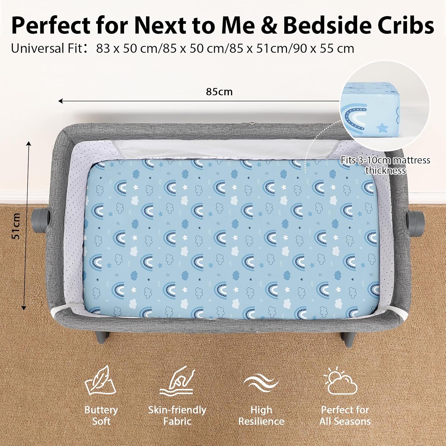 Thumbnail 1 de Next to Me 85x51cm Fitted Crib Sheets | 3 Pack, Ultra-Soft Microfiber in Blue Cloud Animal