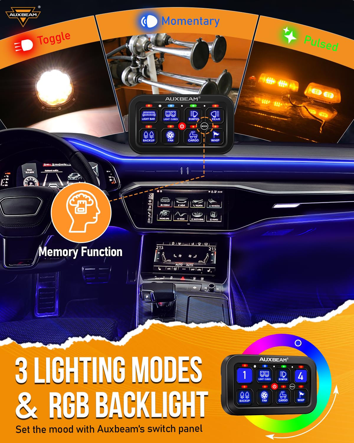 Detalle 2 de Auxbeam RA80 8 Gang RGB Switch Panel