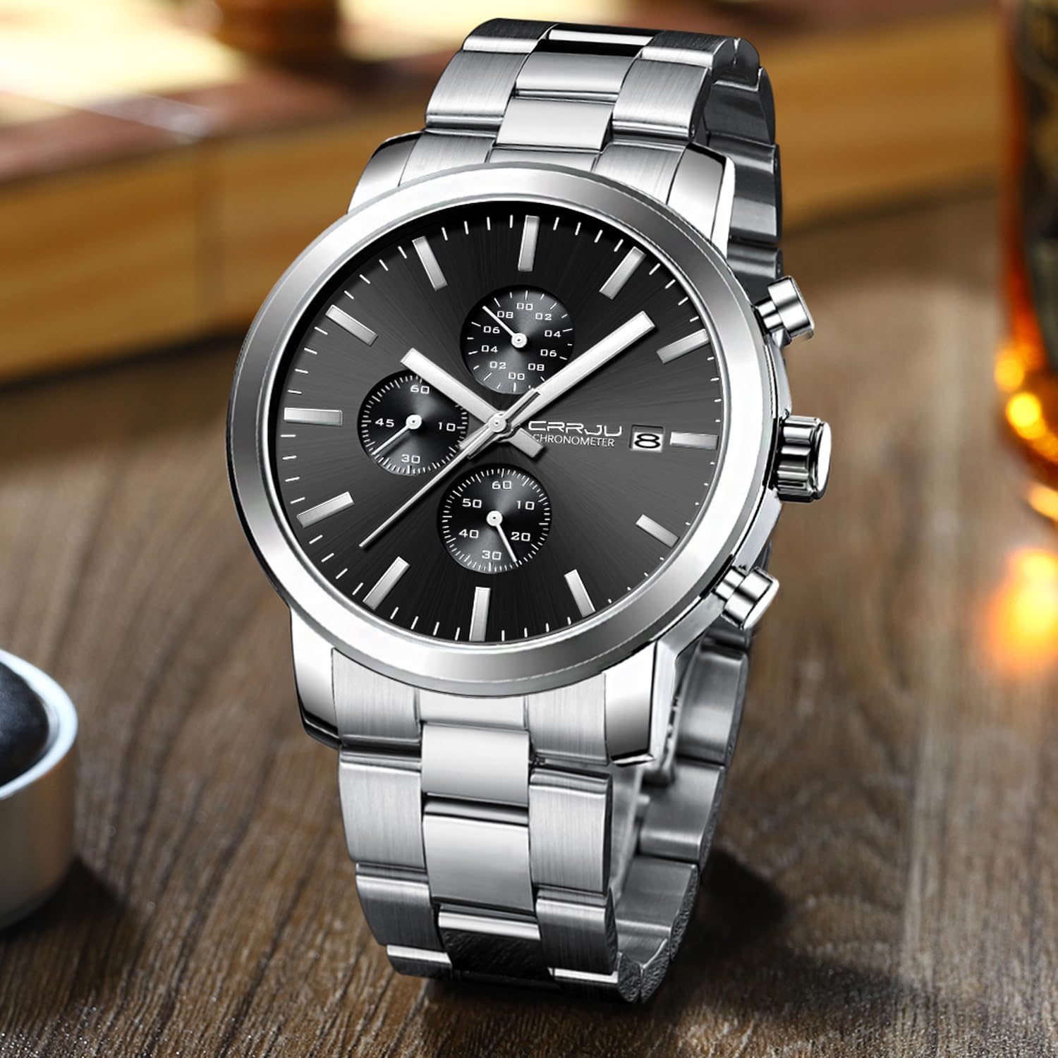 Detalle de CRRJU Herren Chronographen-Uhr mit Edelstahlband, analogem Quarzwerk & Datum – wasserbeständig bis 30 m