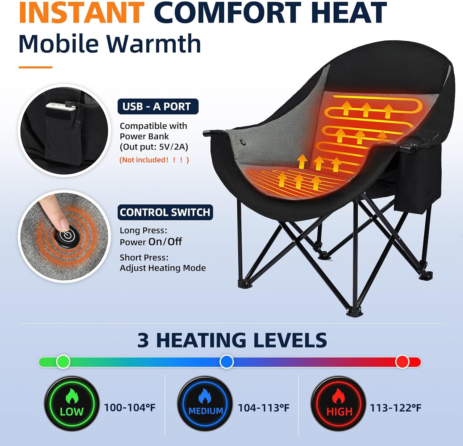 Detalle de DasEpic Heated Camping Chair, 500-lb Capacity
