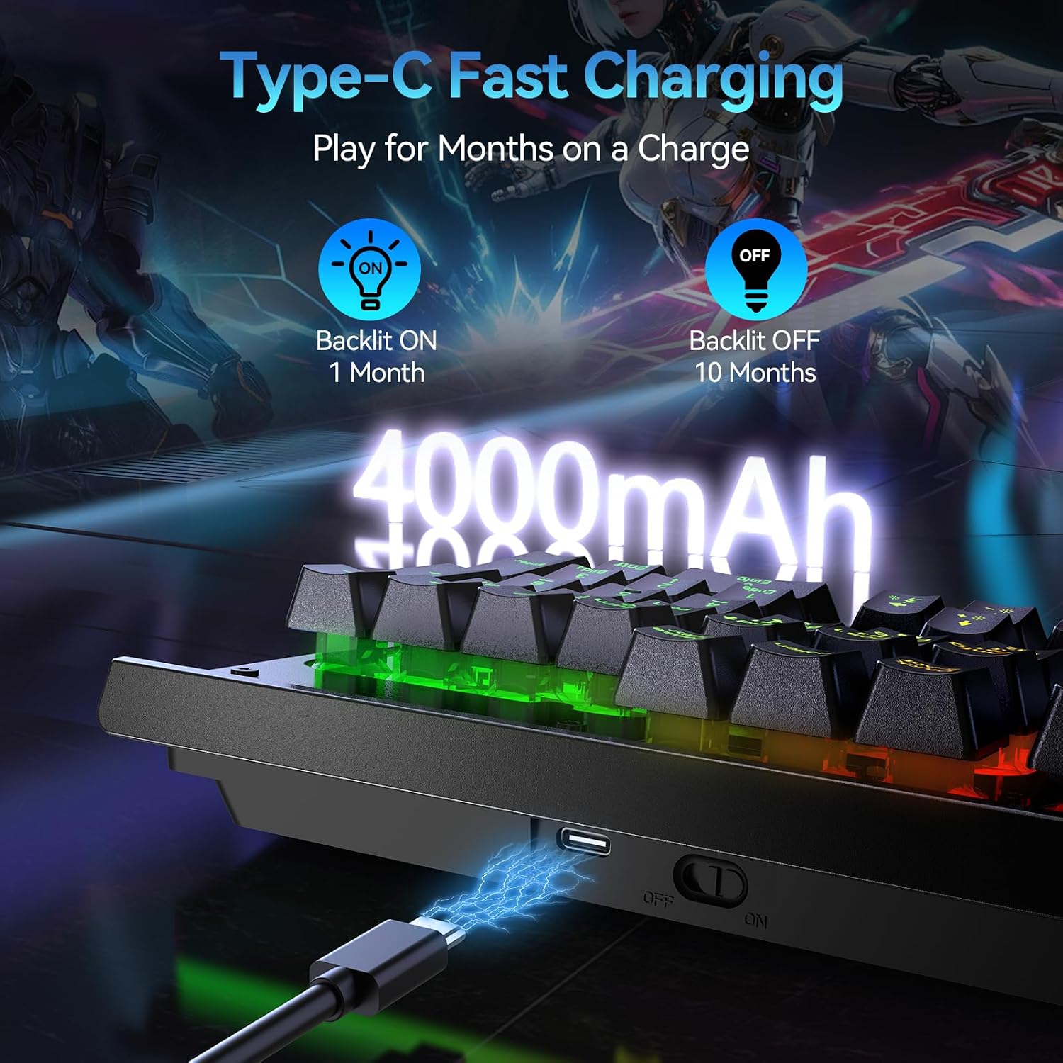 Detalle de TECKNET Wireless Gaming Keyboard with 2.4G + Wired Connectivity, 15-Zone RGB, 4000mAh Battery