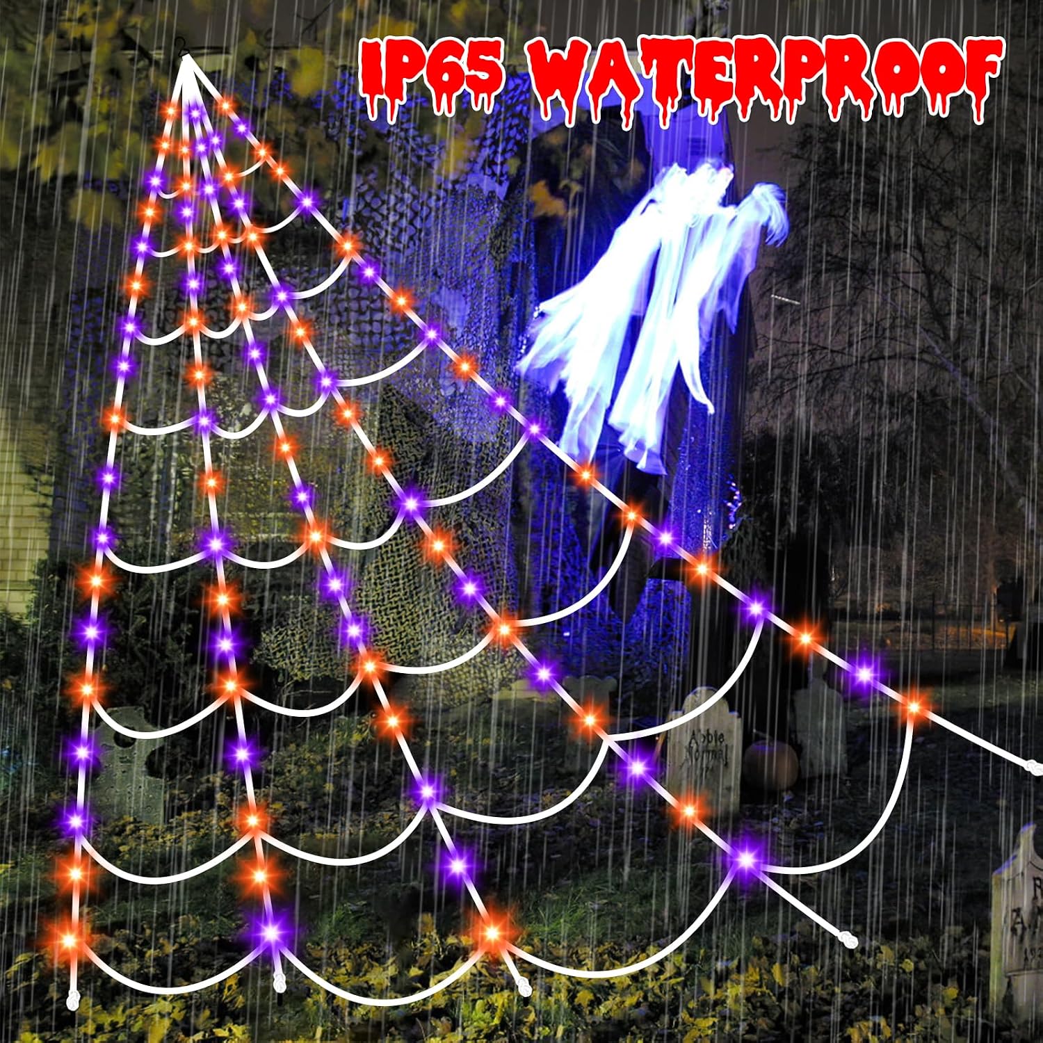 Thumbnail 5 de Aitbay Aitbay-148 Lighted Halloween Spider Web, 150 Purple & Orange LEDs
